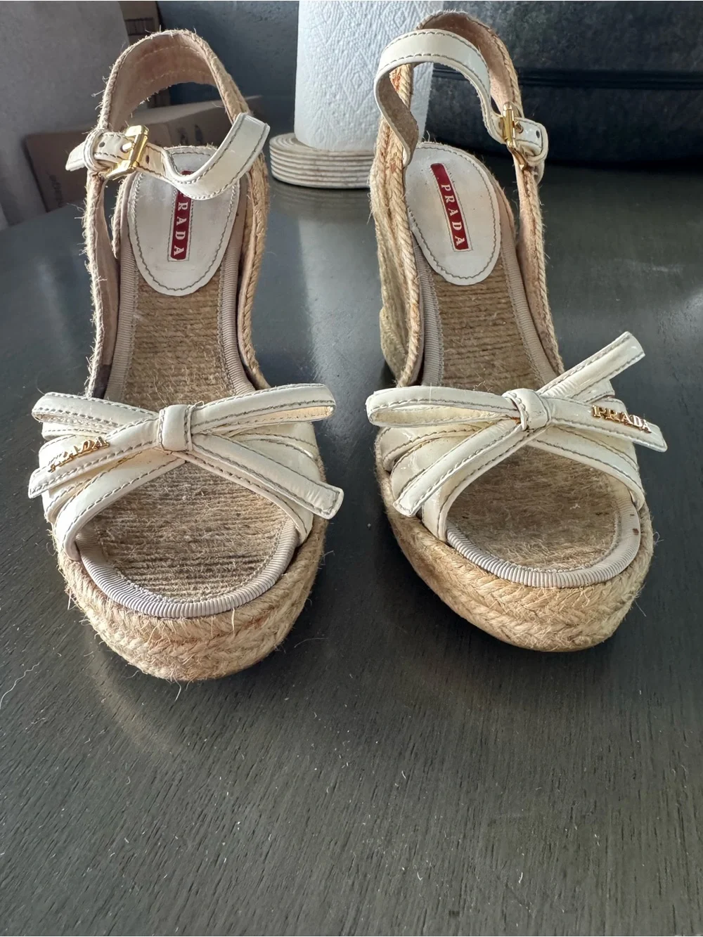 Prada White Leather Bow Espadrille Wedge Sandals